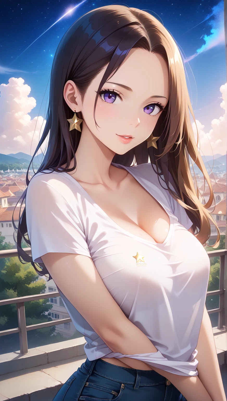 ((masterpiece, best quality, highres, UHD, perfect pixel, depth of field, 4k, RTX, HDR))), 1girl, single, solo, beautiful anime girl, beautiful artstyle, anime character, ((very long hair, bangs, brown hair, curly hair:1.2)), ((Light blue eyes:1.4, rounded eyes,Shining eyes Beautiful eyelashes, realistic eyes)), ((detailed face, blushing:1.2)), ((smooth texture:0.75, realistic texture:0.65, photorealistic:1.1, anime CG style)), medium breasts, dynamic angle, perfect body, ((POV, dynamic pose, portrait)), (( white Tshirt, black skirt, plaid skirt、puffy nipples)), smile, open mouth, amusement park, cherry blossom、(Off the shoulder:1.3)、Glowing Skin、midriff peek、pink Lip、View your viewers