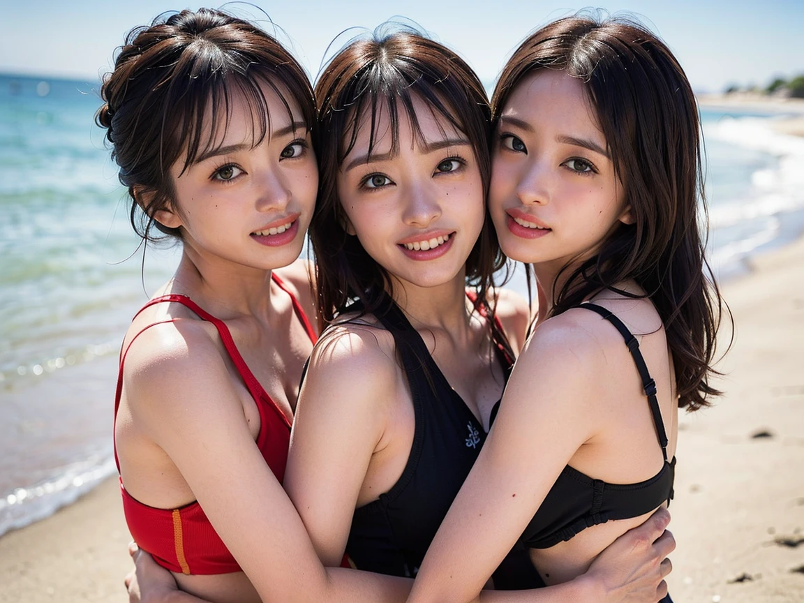 (From below:1.4)、(Three Girls:1.4)、Light brown fringe hair、Braided hair、Disheveled Hair、Light brown eyes、(Laughter)、(Big Tits:1.5)、(Highlight the valley:1.3)、Beach、Photorealistic、(Shadow:1.1)、(Intricate details:1.2)、(Tabletop、:1.3)、(Highest quality:1.4)、(Ultra-high resolution:1.2)、Ultra-high resolution、(Detailed eyes)、(Detailed facial features)、(Colorful Bikinis:1.2), (Selfie:1.3)、Girls standing side by side