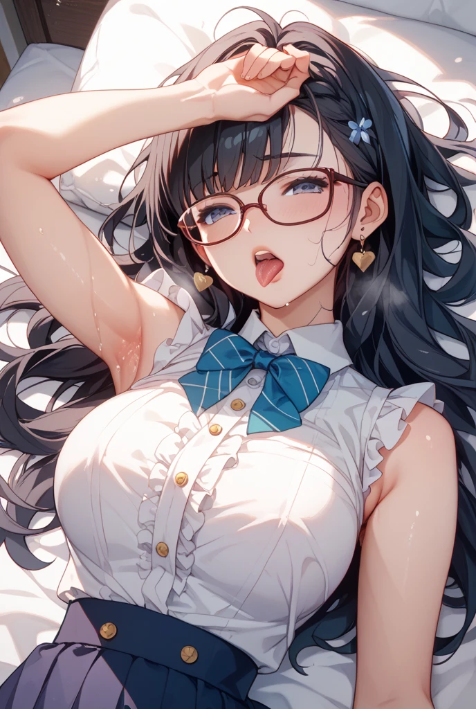 (Dark hair),(Curly hair with a lot of fluff:1.4),(Long curly hair:1.3),(With bangs),(Blue eyes:1.25),(Glasses with thick rims:1.4),Slight red tide,(warm white down coat:1.5),(white and navy striped clothes:1.2),(Red plaid tie:1.2),(skirt with suspenders:1.3),(pleatedskirt:1.2),(high socks),(Brown loafers),(Protruding chest),(face that seems to cry:1.1),(Teary-eyed:1.15),(Park at night:1.2),(Her eyes are sparkling:1.2),(Eye size:1.7),(Perspective from above:1.4),(close up of face:1.45),(Kamimei),(Open left and right:1.3),(Show yourself your cleavage:1.3),(Open your mouth wide and stick your tongue out:1.25)