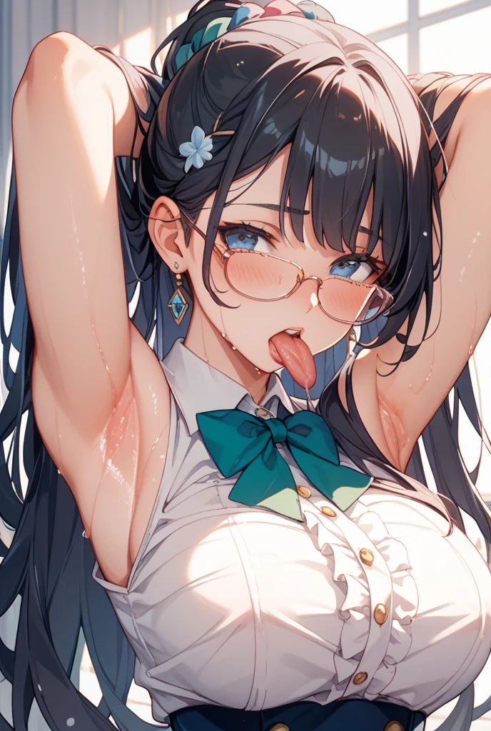masterpiece,highest quality,wonderful,finely,High resolution,1 girl, big breasts,(polka dot bra:1.3), black hair, glasses, green eyes,twin tails,full body