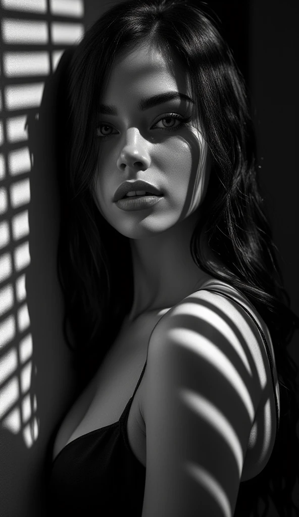 fille 19 ans,light and shadow,messy hair,cheveux clairs, Chemise de nuit en soie, petits seins,tenir son propre bras,Haut du corps,demi-visage dans le noir,Black and white theme,photos de photographie professionnelle,fort contraste chioscuro,Couverture de magazine de mode,Melancholic tone,inexpressif,contempt,Chambre sombre,contre le mur,Shaded_visage,intrigue,pose dynamique,Angle dynamique,