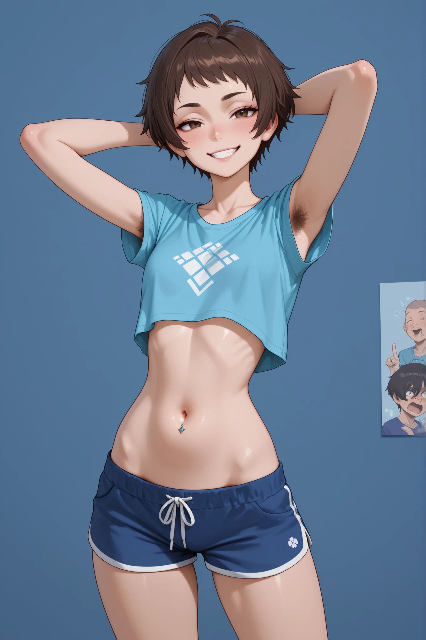 Anime style, At the blue background, ugly girl have very sexy transsexual girl body, legs and stomach, blue T-shirt , sexy face, very mischievous grin, Felix Argyle is very sexy, looks like a androgenic girl, 4k xd, he stand,  skinny, have , face very boyish, sexy belly button,, very sexy boy face, shows me stomach , dark brown hair , , very sexy teen body, blue girl shorts , armpit hair, he pretending to be sexy girl , have very sexy boy body , very short hair, very boyish features faces, he’s face very close to view, male whines, face very round and boyish features, face is very androgenic, very a lot off boyish features, very sexy girl blue T-shirt