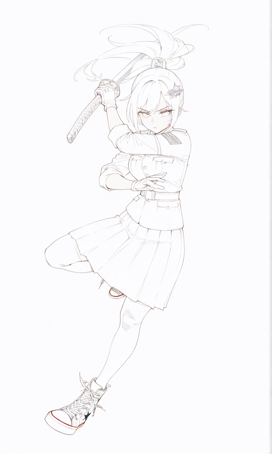 Action pose, beautiful girl, tall girl stretched, curves, breasts, hair has an ornament on her head with a ponytail, protective equipment on her arms and legs, military uniform, white skirt, black stockings, urban Converse sneakers, a katana in her hand