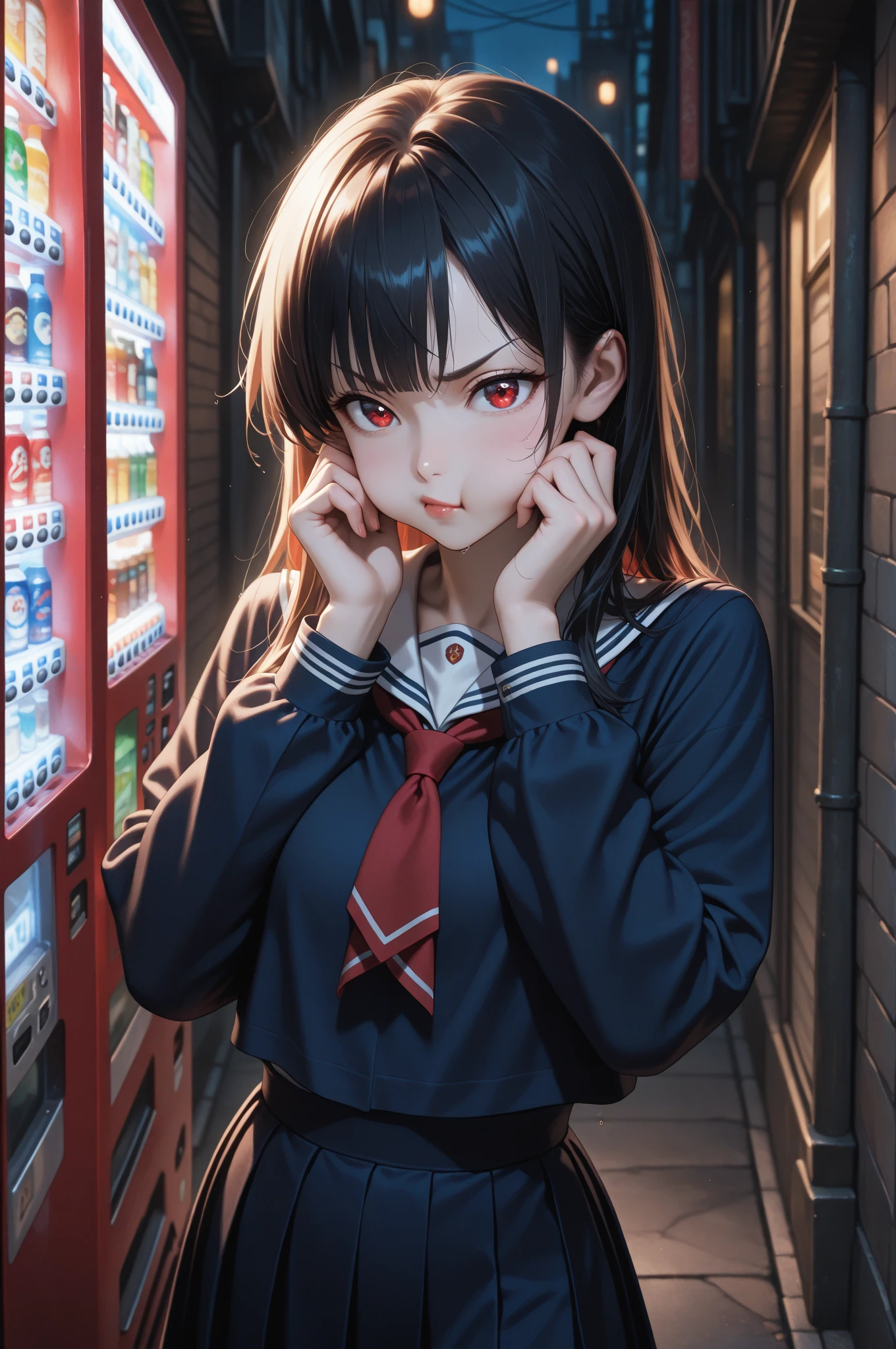 (masterpiece, highly detailed, anime style, cinematic night lighting), a mysterious girl from an urban legend, medium close-up (from waist up), standing alone in a dimly lit narrow alley in Japan at night.
She has long, straight black hair with silky texture and soft curtain bangs. Her soft oval face is pale and smooth, with no visible facial bone structure. Her small, sharp lips are pursed into a pout, and her cheeks are slightly puffed out in a subtle, irritated expression. Her brows are furrowed — a mix of frustration and eerie attitude.
She wears a black long-sleeved Japanese school uniform with red accents — the kind seen in older ghost stories. Her blouse is slightly untucked, and her tie is loosely worn, adding a rebellious edge. Mist lingers around her, and the neon reflections on the wet alley ground cast a dramatic glow.
Her arms are crossed, body posture stiff but confident — like she’s annoyed at being disturbed or summoned. Vending machines and signage blur in the background, but she’s the center of visual gravity.
Mood: eerie yet unexpectedly expressive, attitude-driven, iconic anime urban ghost with a twist of tsundere energy.