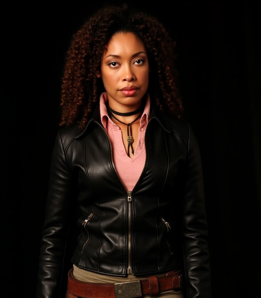 a photo of tatms,a woman,cosima hair,glasses,red shirt,red pants,david lynch lighting style <lora:tatmsF-05:1>