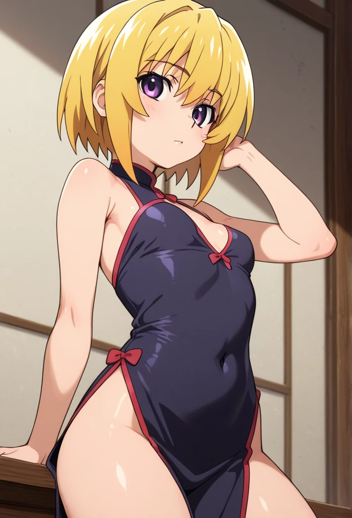 best quality, masterpiece, highres, ray_tracing_graphic, solo, adult_female, {saber_fatestaynightufotable:1.15}, blonde_hair, little_ahoge, green_eyes, blue_ribbon, 1girl, anime_coloring, full_body, happy_face, five_fingers, blush, large_breasts, official_white_bikini, blue_straps, from_the_front, bent_over, bedroom, dark_room, night_time, wet_body, sixpack_abs