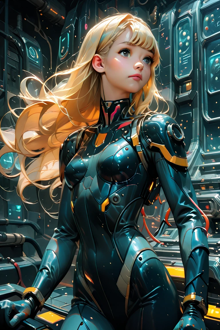 ((masterpiece、top-quality、ultra-detailliert、hight resolution、sharp focus、lighting like a movie))、Stunning portrait of a beautiful woman、bustshot、Frontal lighting、Focus from the chest up、face lights、High color saturation、High brightness、solo、1girl in、Senyuki、A slight smil、Long straight blonde hair、Yellow bodysuit、Tight skin、a belt、is standing、Slouched、Large window、starship porthole、spaceship interior、Space View、orbital view、natta、 milkyway、Look at viewers、Detailed hand depiction sultry look, seductive