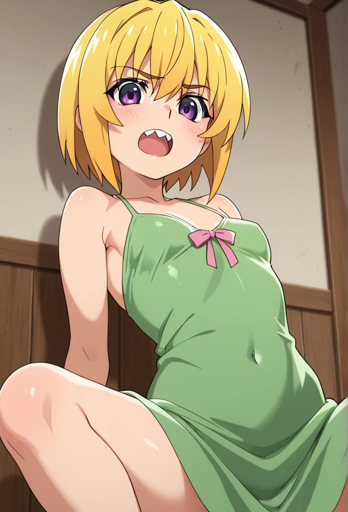 koga yuika, masterpiece, best quality, highres, 1girl, solo, fang, skin fang, short hair, (mole on thigh:0.8), bangs, hair behind ear, purple eyes, hair ornament, open mouth, beach, smile, squatting, small chest, short height, little girl, flat chest, small, cleavage, ((bare shoulder)), exposed, loose shirt, navel, presenting armpit