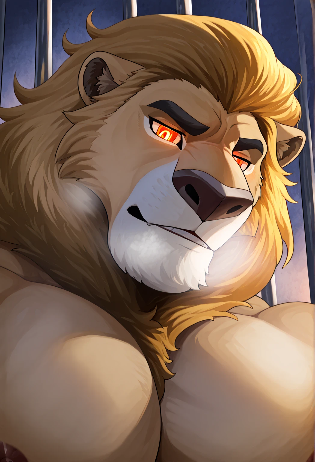Undertale, solo ((Asgore Dreemurr))) with ((neck tuft)) and ((fluffy tail) and ((light navy blue eyes)), (detailed white goat x Asgore Dreemurr), (detailed lighting), ((detailed fluffy skin)), bara, massive body, (small goat tail), black horns color, ((full portrait)), uploaded to e621, [NSWF, adult content], big floppy ears, (NJfurry style Lora), (looking at viewer), big squishy male pecs