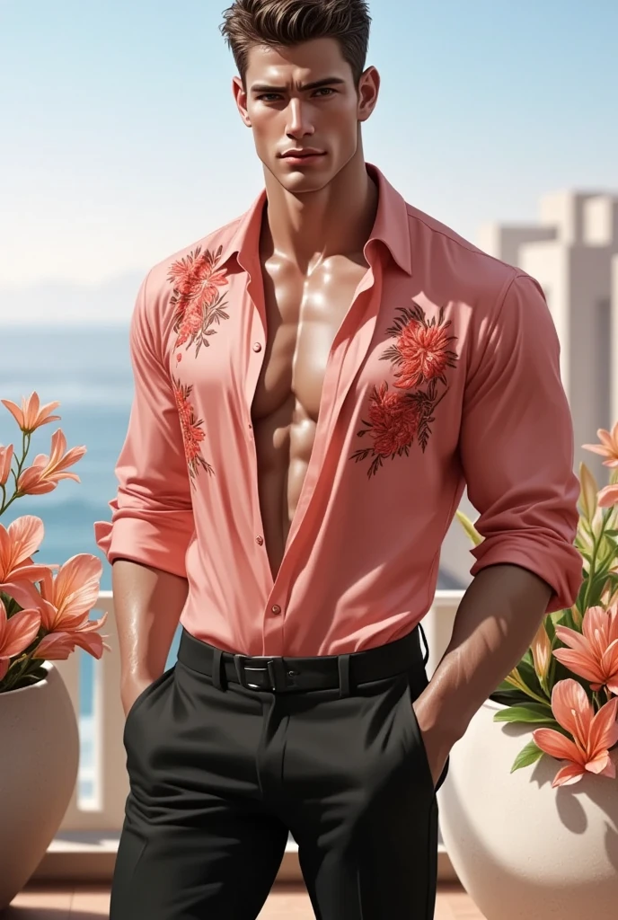 (absurdres, highres, ultra detailed, Ultra HD), ((tall handsome muscular man, solo, male model modern clothing, Full length portrait: 1.5, wearing colourful silk shirt and pants)), beautiful, gorgeous, wet, mature, perfect eyes, sexy gaze, (looking at the viewers romantically), perfect body, smooth skin, a hot glow in his skin, wide chest, largest breasts, extremely large pectorals, big nipples, breathtaking grandeur, model pose, colorful, artistic, focus on his calm facial features, elegant look, sexy posture, full body view,