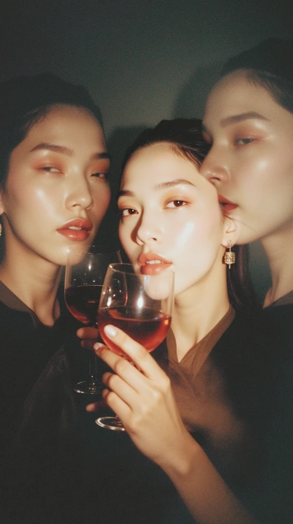 (Close-up of a better masterpiece:1.5)black and white portrait, (close up) of a 3 Asian woman, with long brown hair, wearing a white silk shirt with one button open, wearing a white tank top, posing dynamically, holding a wine glass, black plain wall background, abstract