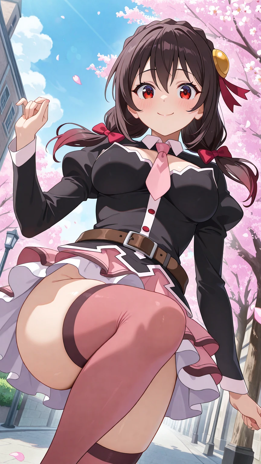 alone, One girl, Yunyun, (Embarrassing expression:1.8)、(blush:1.8), Crown braids of the same color as your hair, Red Eyes、hair ornaments, Hair Ribbon, Pink tie, Long sleeve, Cleavage, bed、(Spread your legs)、Pink crotch wet panties、Kneeling、View from below