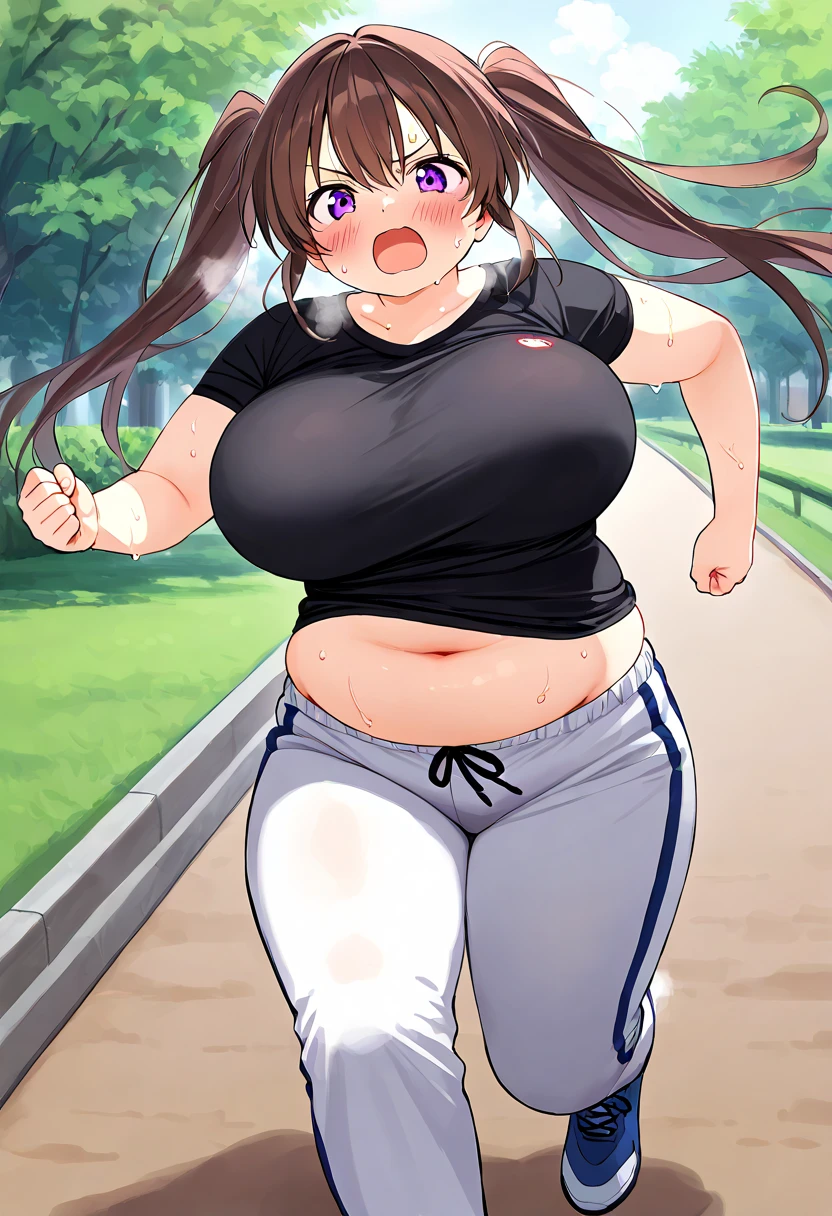 obese girl, ssbbw, colossal breasts, saggy breasts, fat belly, saggy belly, round belly, fat legs, wide hips, giant ass, short pink crop top, white leggings, wet clothes, very sweaty, park, sunny day, running, perfect movement, pain face