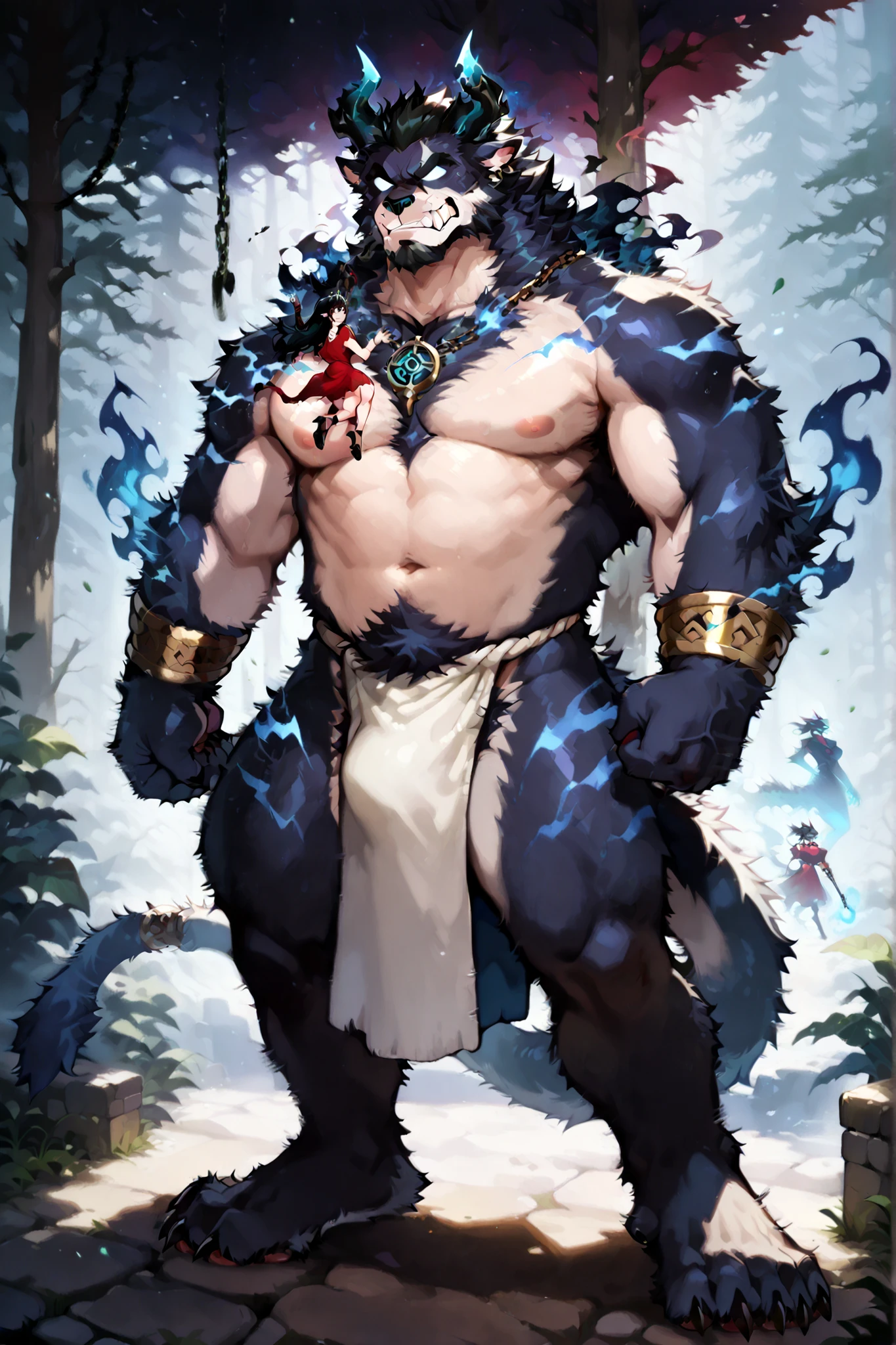 enigmatic oriental beast,Long Black Hair,red dress, in the dark forest ,very spooky atmosphere,Evil spirits are following