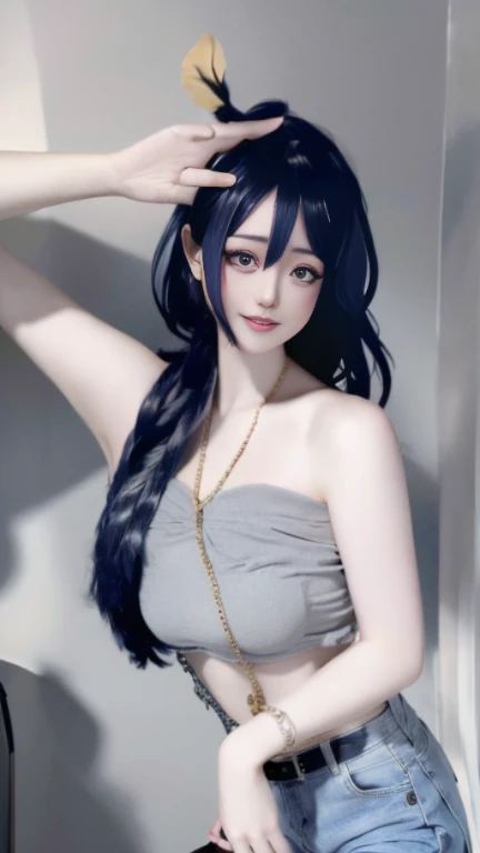 work of art, best qualityer, highest quallity, photorrealistic, Perfect Anatomia, face perfect, perfects eyes,
aqua hair, brabulladbgt, red hair band, red gloves, Red crop top, blue colored eyes, overskirt, hoop earings, choker, 1 girl, plein-air, pose sexy,glove on hands