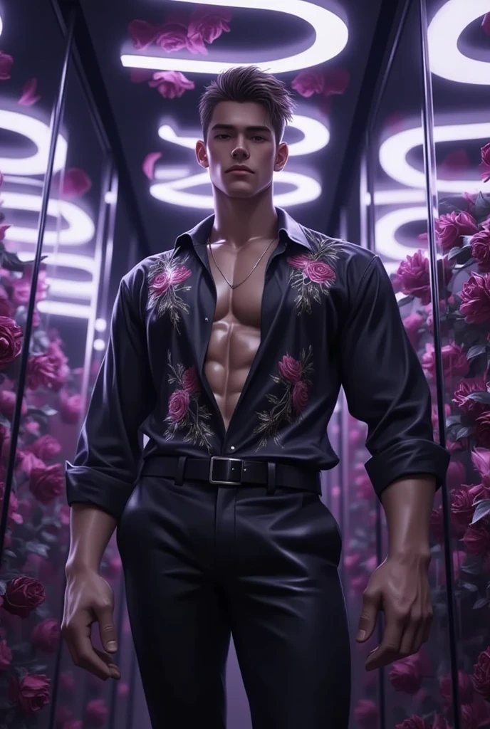 (((male gender))) "An ultra-detailed 8k masterpiece best quality and high saturation. The image features a clothing illustration with a stunning thick european Boy wearing a tight sheer leggings outfit, including tight open shirt, F cup, white sneakers, and a blue background."