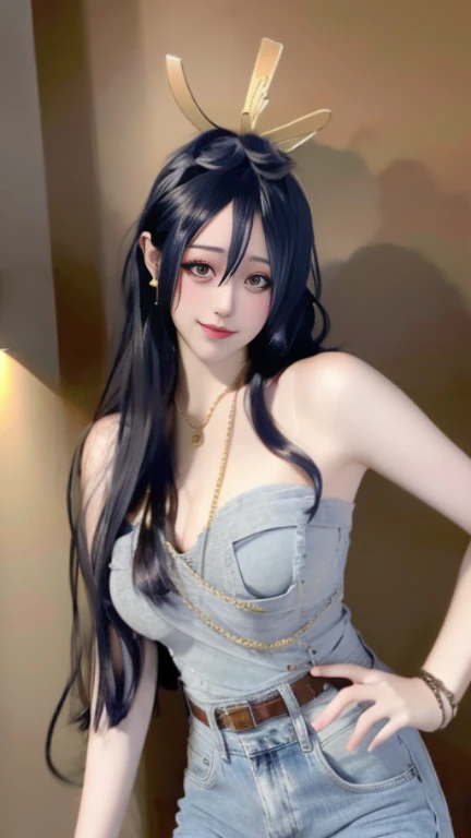 realistic,  high resolution,  soft light, 1 woman,  alone,  hips up,  dynamic gesture,  Glowing skin,  decorations,  tattoo, thigh,black hair,long hair,ear pendant,pearls and gems, Edobnico Robin, wear on the road, eyeware on head, t-shirt, shorts
