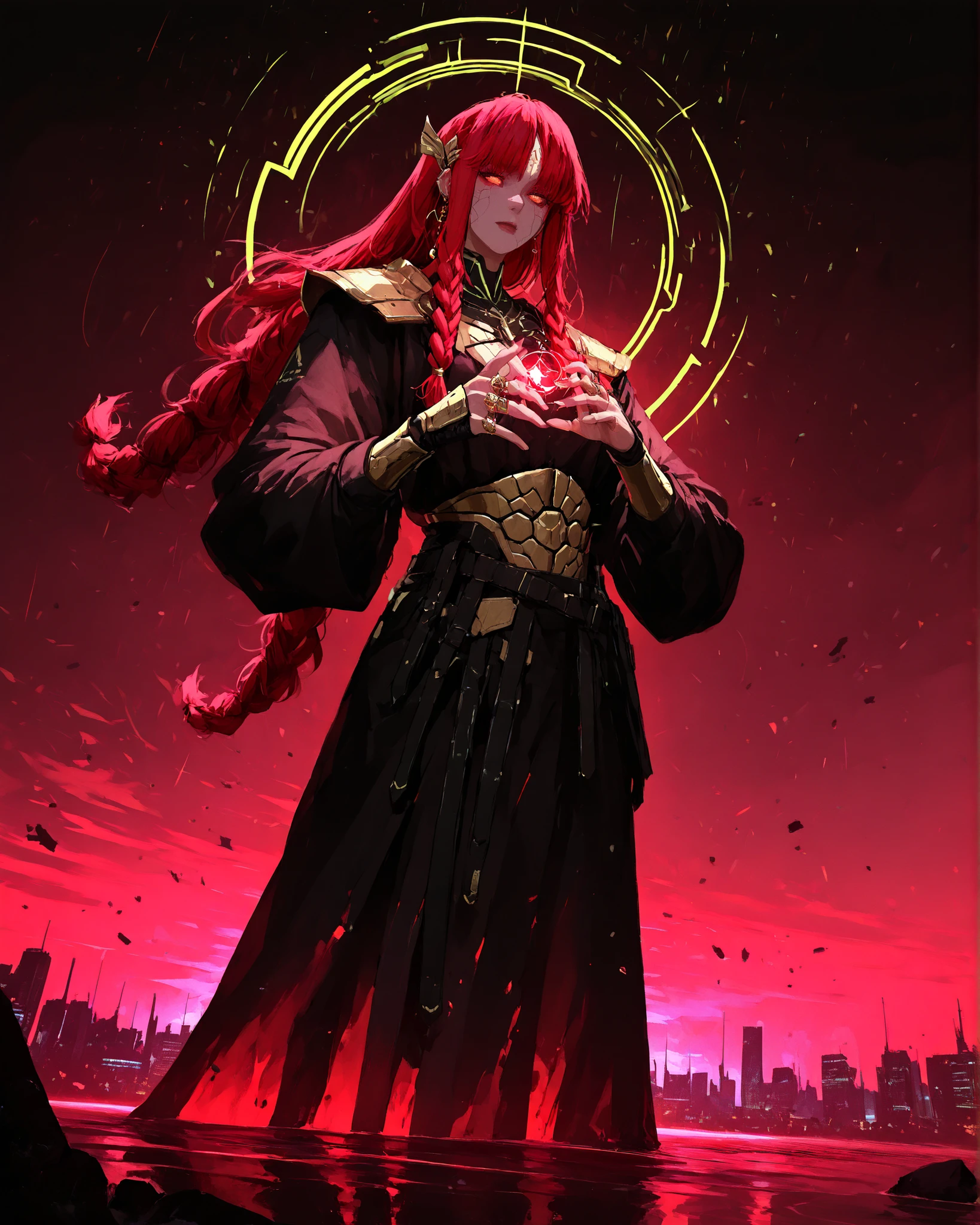 Masterpiece, cinematic lighting, ray tracing, hyper-detailed, full-body concept art in a dark dreamscape. A red-haired cyberpunk warrior woman stands face to face with a tall androgynous entity. The warrior wears a sleek, high-tech armor with glowing cybernetic lines, twin neon-pink katanas drawn, her eyes intense and determined. Her long red hair flows wildly, illuminated by neon reflections. Her armor is battle-worn yet futuristic, with digital glitches across its surface. Opposite her stands a massive, muscular figure with dark skin marked by glowing golden spiral tattoos, golden half-open eyes, and a trance-like, solemn expression. They wear ceremonial armor with thin plates that shimmer and vibrate subtly, long braided hair adorned with sound beads, and flowing red and gold cords resembling instrument strings. Their sacred hybrid staff (half harp, half drum) pulses with energy, and glowing runes cover their fingers and ornate rings.

Around them, a nightmarish cityscape looms—twisted skyscrapers bend unnaturally, floating debris circles around them, the sky cracked like glass. Musical symbols float in the air as if gravity is distorted. The scene is bathed in soft golden light clashing with dark ambient shadows, with ripples of sound energy distorting the space between the two figures. Highly detailed, natural shadows, glowing elements, perfect anatomy, intense atmosphere, 4K, dark fantasy meets cyberpunk duel.