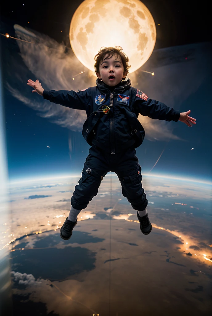 There's a scared boy who's flying through the air, floating in the space, floating in outer space, de viagens espaciais, floating in the space, surreal space, floating in deep space, flying in space, floating through space, flutuando no universo, Flutuando na Nebulosa do Cosmos, Epic lost in space, in outer space, Fantasia De Alta Qualidade Foto Stock --auto