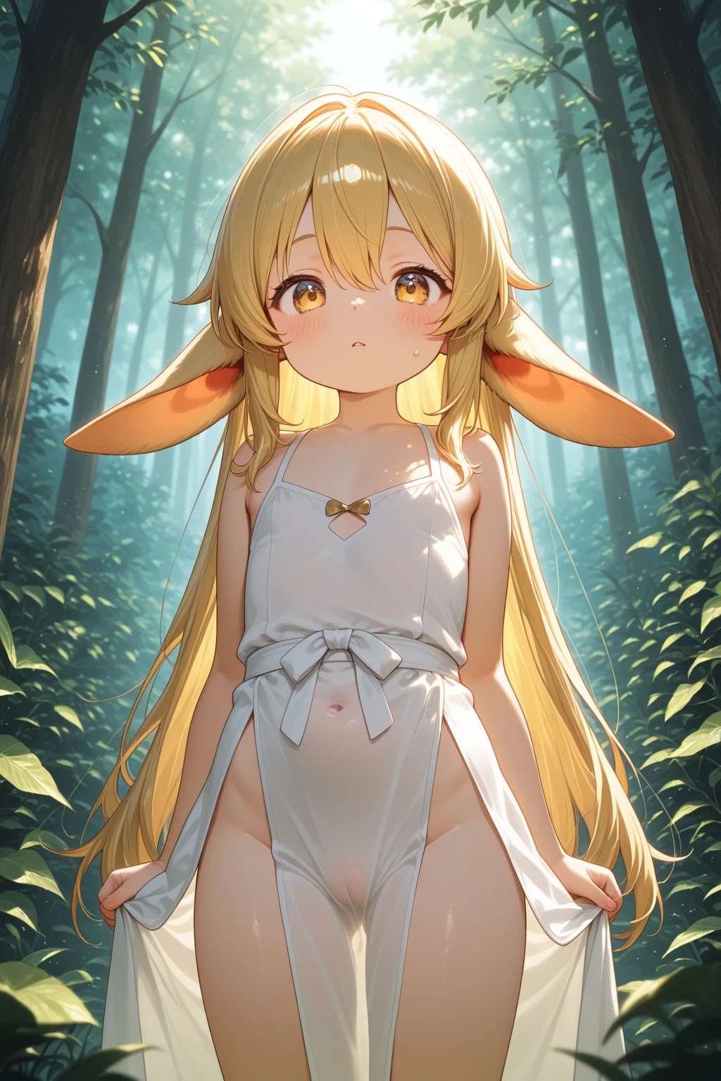 Lolicon, lop rabbit ears, sparkling eyes, naked, long hair, wet hair, clear pond, reflective pond, mysical environment