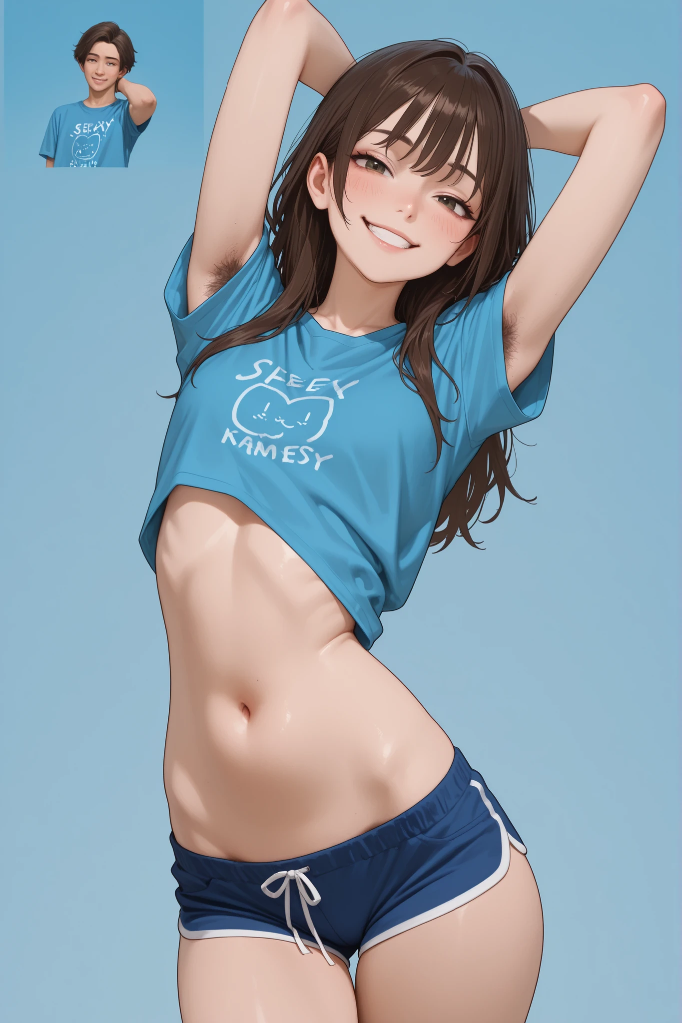 Anime style, At the blue background, ugly girl have very sexy transsexual girl body, stomach, blue T-shirt , sexy face, very mischievous grin, Felix Argyle is very sexy, looks like a androgenic girl, 4k xd, he stand,  skinny, have , face very boyish, sexy belly button,, very sexy boy face, shows me stomach , dark brown hair , , very sexy teen body, blue girl shorts , armpit hair, he pretending to be sexy girl , have very sexy boy body , long hair, very boyish features faces, he’s face very close to view, male whines, face very round and boyish features, face is very androgenic, very a lot off boyish features, very sexy girl blue T-shirt, very naughty smile