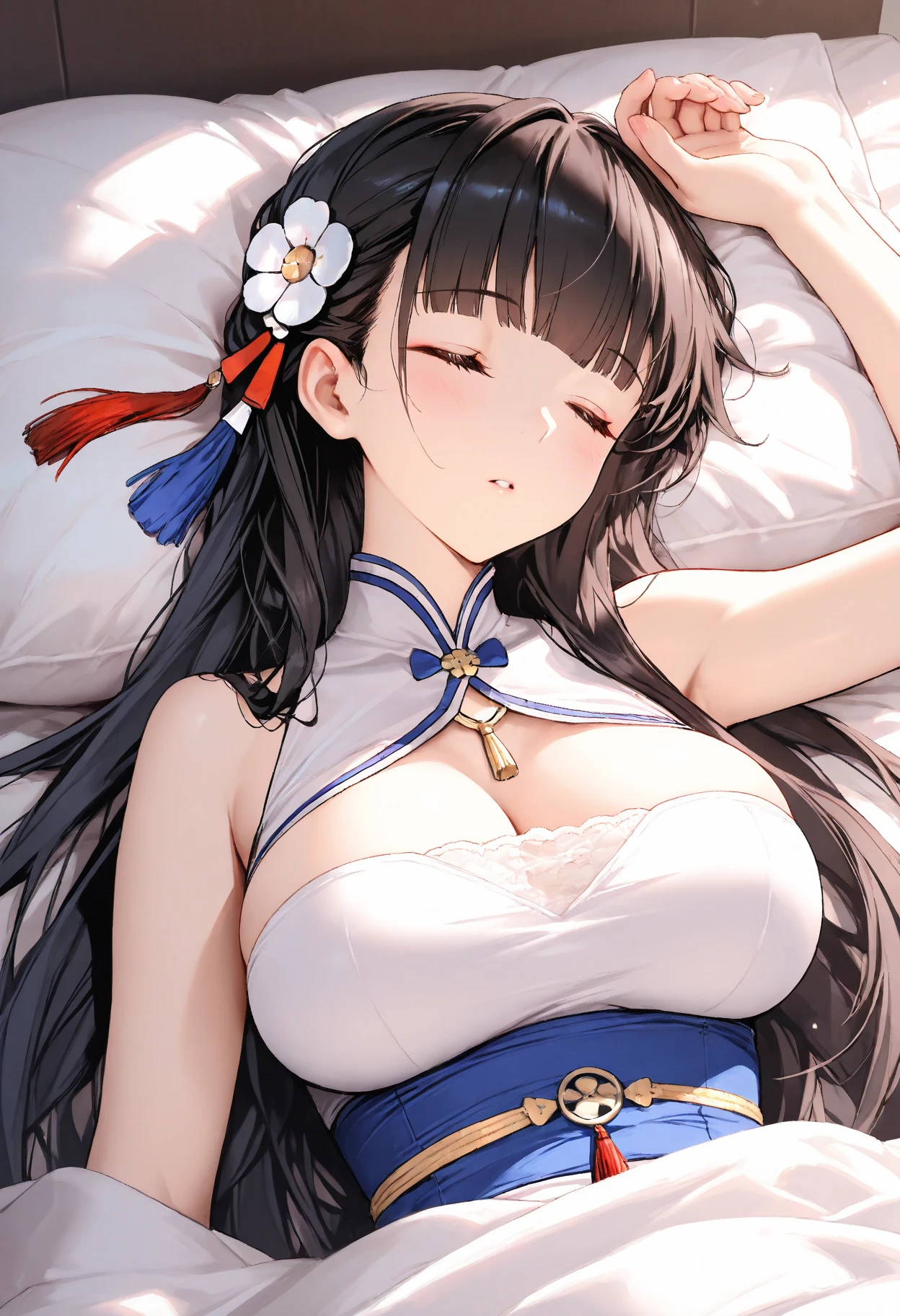 Attractive long black hair、Beautiful woman at 32 years old、Double eyelids、tthin eyebrows、Sleeping in a snow-white bed、No Underwear、Open your legs wide、Look at the inside of the thigh、You can see the whole body、Yukata gets wet with sweat and sticks to the skin、1 thin white see-through yukata、very large breast、The color and shape of the tip of the chest is visible 、You can see the color and shape of the areola、Looks a lot of pubic hair、The entire chest shows through、