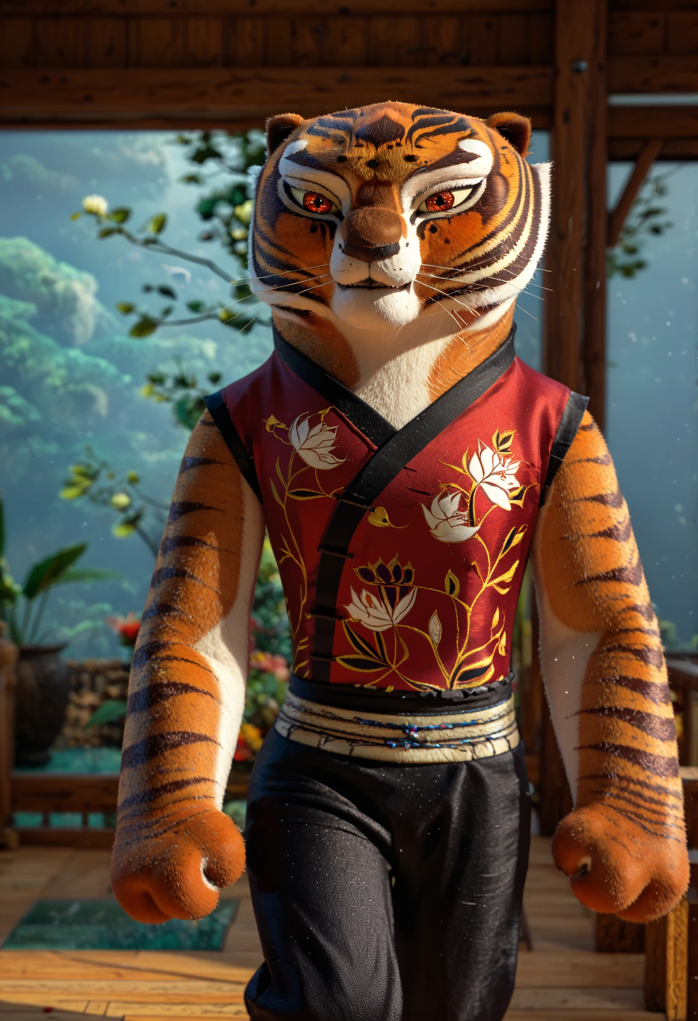 [Master Tigress], [Kung Fu Panda], [By Pixelsketcher], ((masterpiece)), ((HD)), ((high res)), ((solo portrait)), ((waist-up)), ((front view)), ((furry)), ((beautiful render art)), ((soft shading)), {tigress; (slim figure), (cute eyes), (detailed red iris), (curvy hips), red qipao, black silk pants
