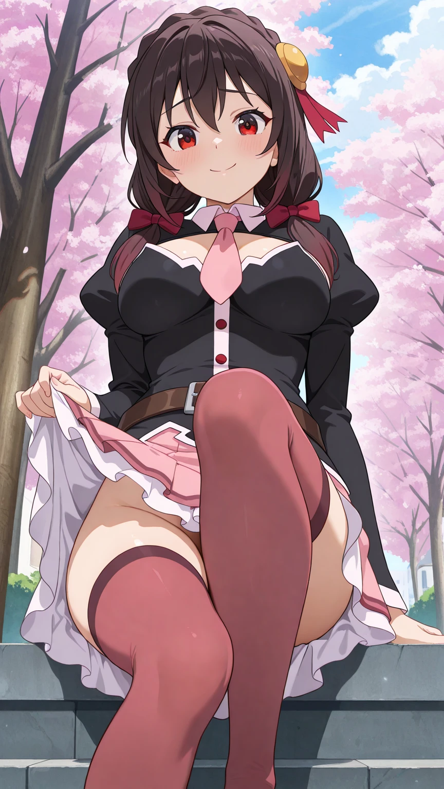 ((anime:1.45)),,,,((best quality)), ((highly detailed)),(((sketch:))) extremely detailed face, beautiful face,((1girl)),((solo)),((shiny skin)),((cowboy shot)),((looking at viewer:1.25)),yunyun, crown braid, hair ornament, hair bow,,((black clothes:1.25)),black hair,pink necktie, (long sleeves),((miniskirt:1.15)) (pink skirt:1.25), ((cleavage:1.25))((huge breasts:1.32)),,((hanging breasts:1.25)),nsfw,, (((skirt lift:1.35))),((thick thighs)),((curvy:1.05)),((pussy:1.35)),((outdoors:1.25)),,,((stairs:1.5)),((standing:)),((nose blush:1.45)),(bad mood:1.05),,(,closed mouth), ((black thighhighs:1.25))BREAK ((brown boots:1.15)),,((from below:)),