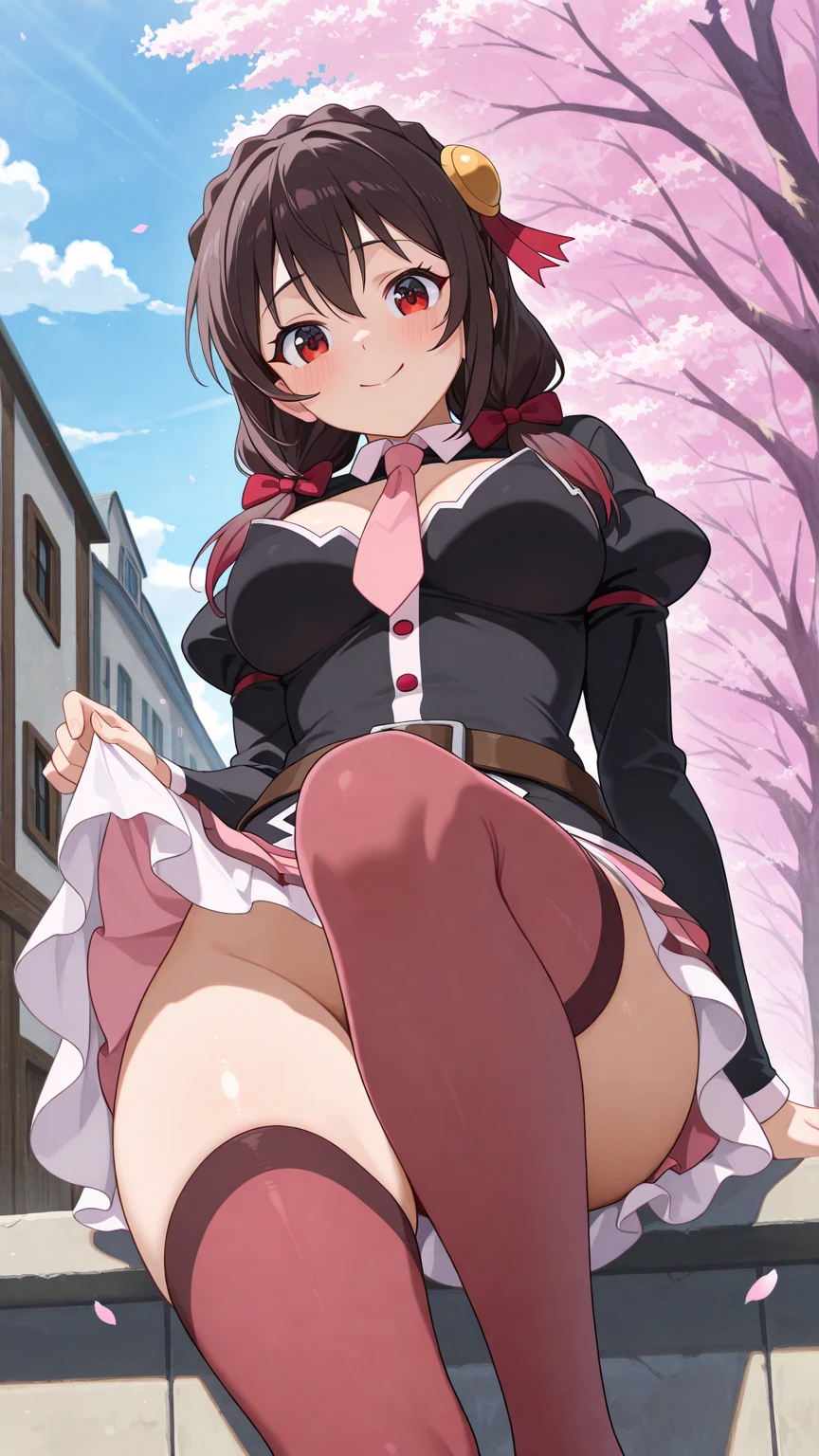 ((anime:1.5)),,,,((best quality)), ((highly detailed)),(((sketch:))) extremely detailed face, beautiful face,((1girl)),((solo)),((shiny skin)),((cowboy shot)),((looking at viewer:1.25)),yunyun, crown braid, hair ornament, hair bow,,((black clothes:1.25)),black hair,pink necktie, (long sleeves), (pink skirt:1.25), ((cleavage:1.25))((huge breasts:1.32)),,((hanging breasts:1.25)),nsfw,show of nipple, (((skirt lift:1.35))),((thick thighs)),((curvy:1.05)),((pussy:1.35)),((outdoors:1.25)),,,((stairs:1.5)),((standing:)),((nose blush:1.45)),(bad mood:1.05),,(,closed mouth), ((black thighhighs:1.25))BREAK ((brown boots:1.15)),,((from below:)),