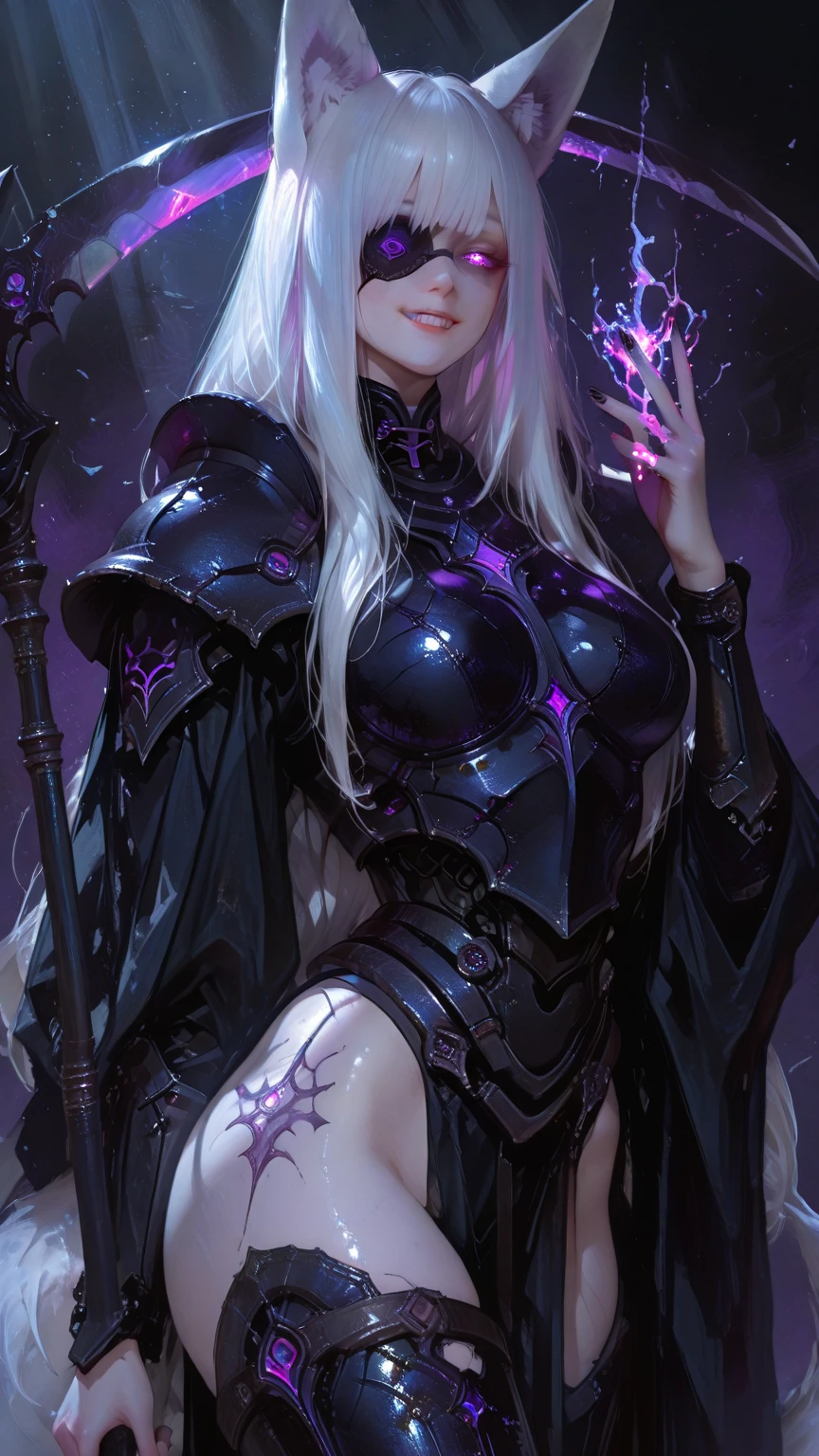 a dark fantasy cyberpunk android woman, 1 girl, highly detailed, hyper realistic, masterpiece, 8k, photorealistic, beautiful detailed eyes, beautiful detailed lips, extremely detailed face, long eyelashes, long white hair, shawl, black coat, glowing purple eyes, expressionless, mecha long skirt, holding a weapon, beautiful necromancer, dark cloaked necromancer, beautiful death, dark witch character, (black purple:1.1), studio lighting, professional, vivid colors, physically-based rendering, extreme detail description