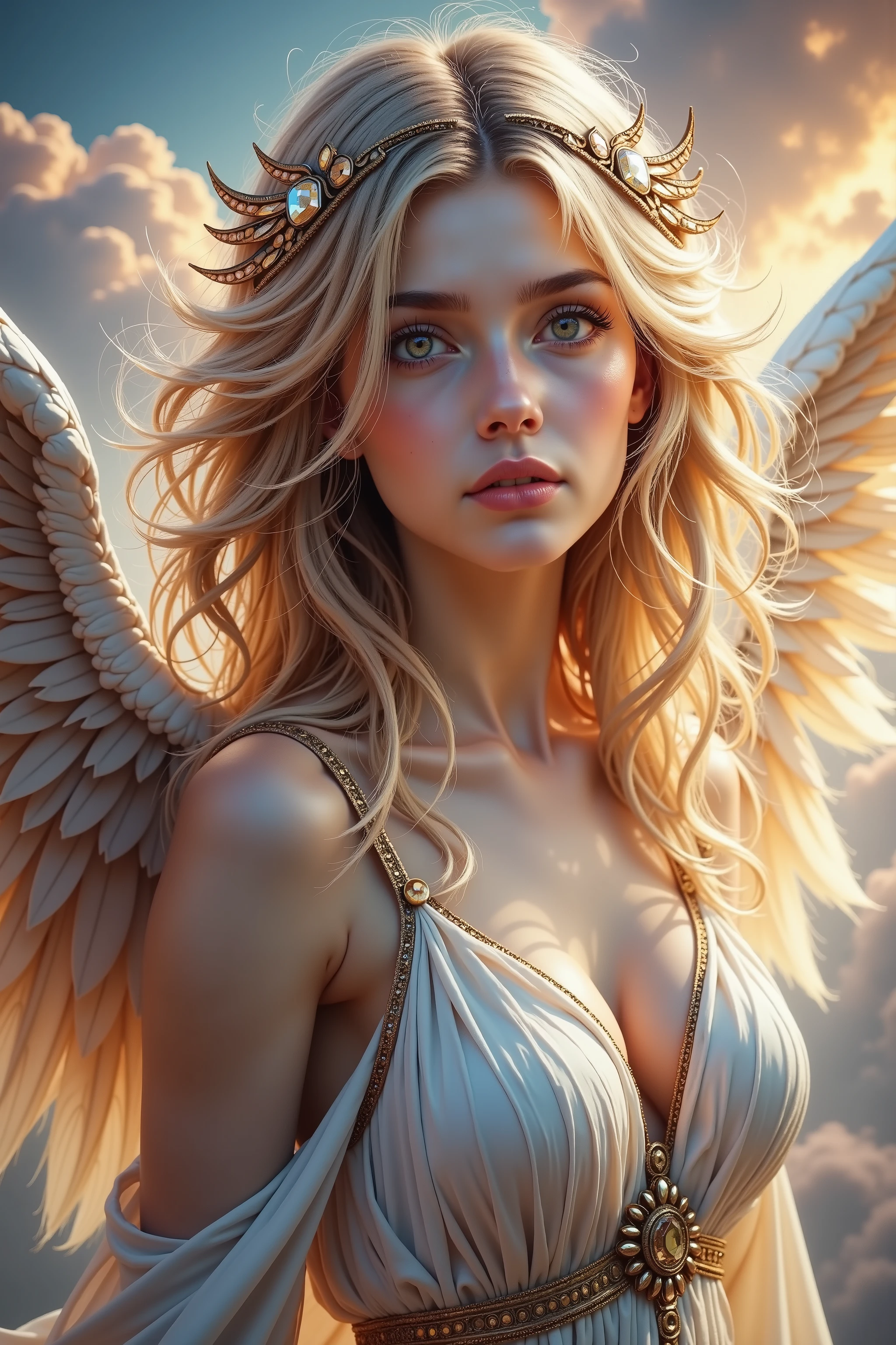 Beautiful angel, with bright warm eyes, her wings are slightly illuminated by a thin layer of gold, Beautiful blond hair, ancient world jewelry made of squares around her neck, beautiful clothes, sexy and olfactory,  tender lips , and her appearance is godlike like a kiss from God himself, beautiful body shape, and the gentle clothes on her give the image lightness and splendor, the background of gentle clouds that are created in the sky garden, beautiful and gorgeous colors, rich colors, best quality, high quality, intricate details, clearly, Fantasy style, Fantasy, magic, magic, cinematic light, cute, passionately,