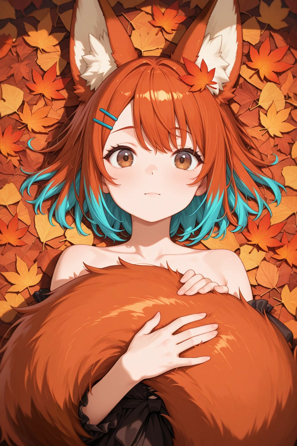 (masterpiece:1.2, best quality), closeup, view from above, 1girl, child, loli, petite, flat chest, long ginger hair, (ginger fox ears), (ginger freckles) (white kimono), off shoulders, (naked breast:1.2), nipples, lying on snow, in the pile of tangerines, (holding tangerines), smile, fun, blush, winter, white snow, daylight, anime minimalist, watercolor