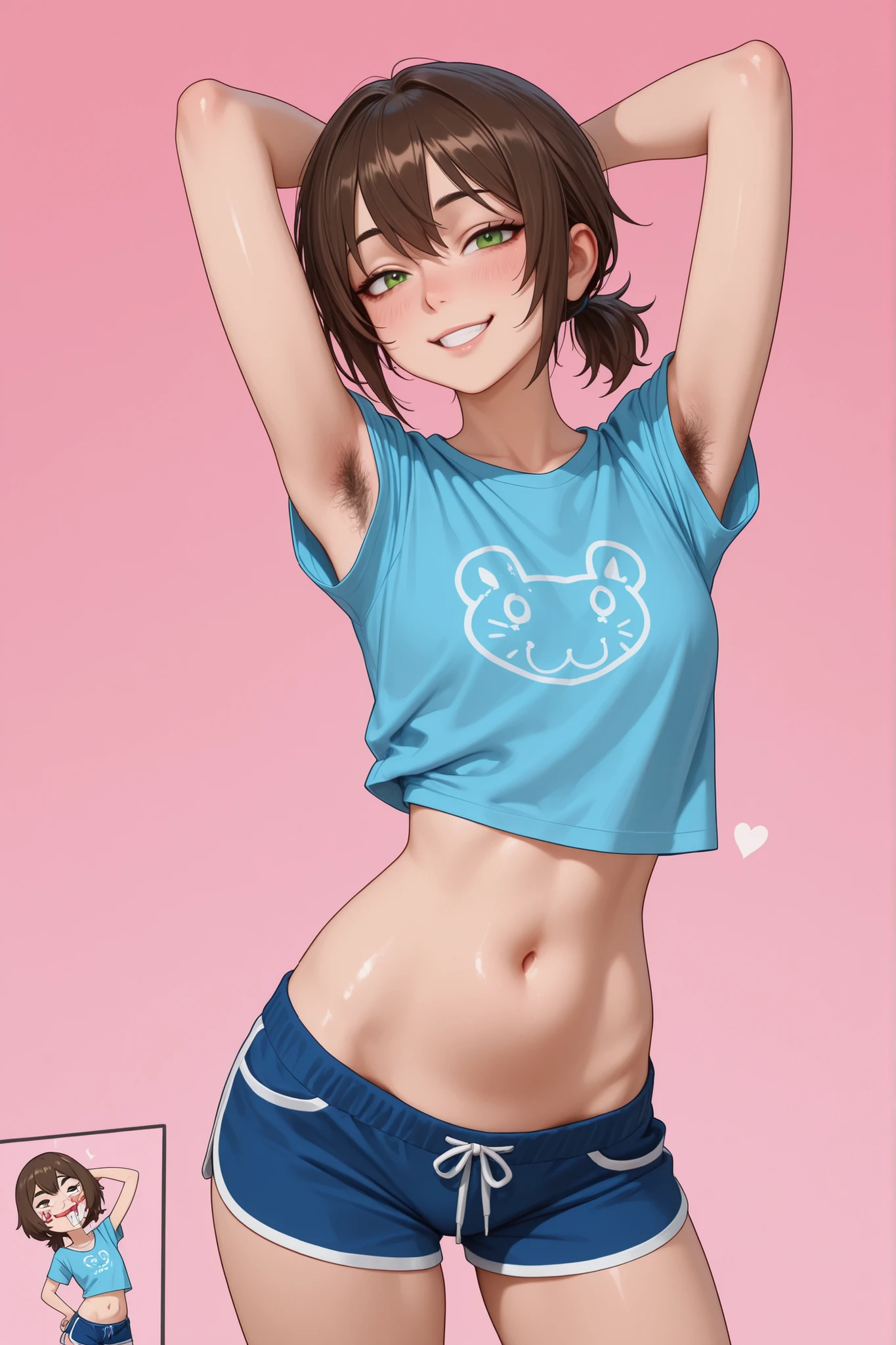 Anime style, At the pink background, ugly girl have very sexy transsexual girl body, stomach, blue T-shirt , sexy face, very mischievous grin, Felix Argyle is very sexy, looks like a androgenic girl, 4k xd, he stand, skinny, have , face very boyish, sexy belly button,, very sexy boy face, shows me stomach , dark brown hair , , very sexy teen body, blue girl shorts , armpit hair, he pretending to be sexy girl , have very sexy boy body , short ponytail hair, very boyish features faces, he’s face very close to view, male whines, face very round and boyish features, face is very androgenic, very a lot off boyish features, very sexy girl blue T-shirt, very naughty smile, very sexy green eyes