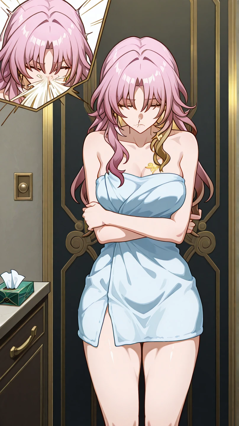 perfect eyes:1.2, detailed eyes:1.4, hall, chandelier, Kurayoshi_R, cleavage, large breasts, ass, white dress, pelvic curtain, medium full shot, thigh-level shot, 1girl,(masterpiece:1.6, best quality),