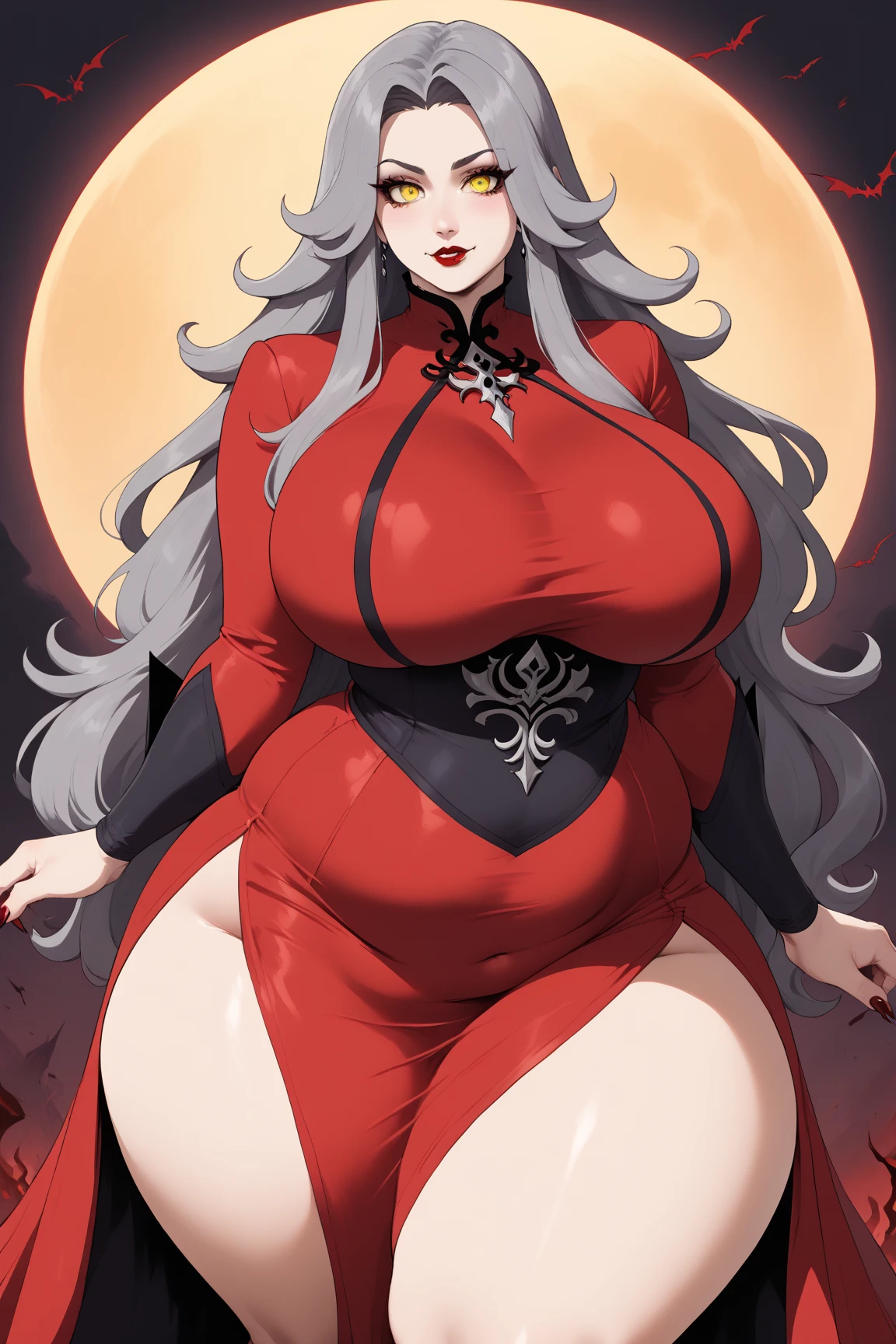 Gothic, huge chest, tall woman, curved, f, long hair, christian, alone, catholic, latin cross,, forest city, plants, walking, smile, smile, ,fur clothes, wizard, medieval, village,tights, portrait, long skirt, long dress, flip-flops, , huge breast, , , 1gir,1character, walking,long skirt, red eyes