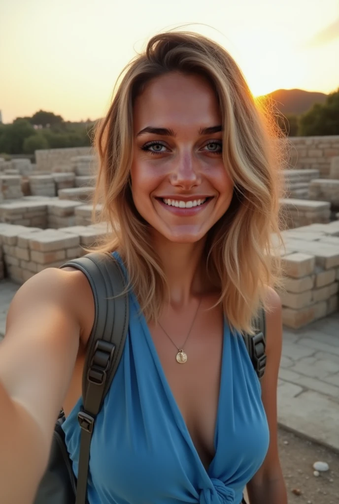 Foto aus 5 Metern Entfernung einer Frau, (happy facial expression), strukturierte Haut, Goose flesh, blonde schulterlange Haare, big bust, schmale Taille, Sommerkleid, Ausblick aufs Meer von santorini aus, perfekte Augen, (Kerzenlicht,Chiaroscuro), 160-Farben-Halter, gedreht mit ARRI ALEXA 65, bokeh, scharfer Fokus auf das Motiv, gedreht von Don McCullin