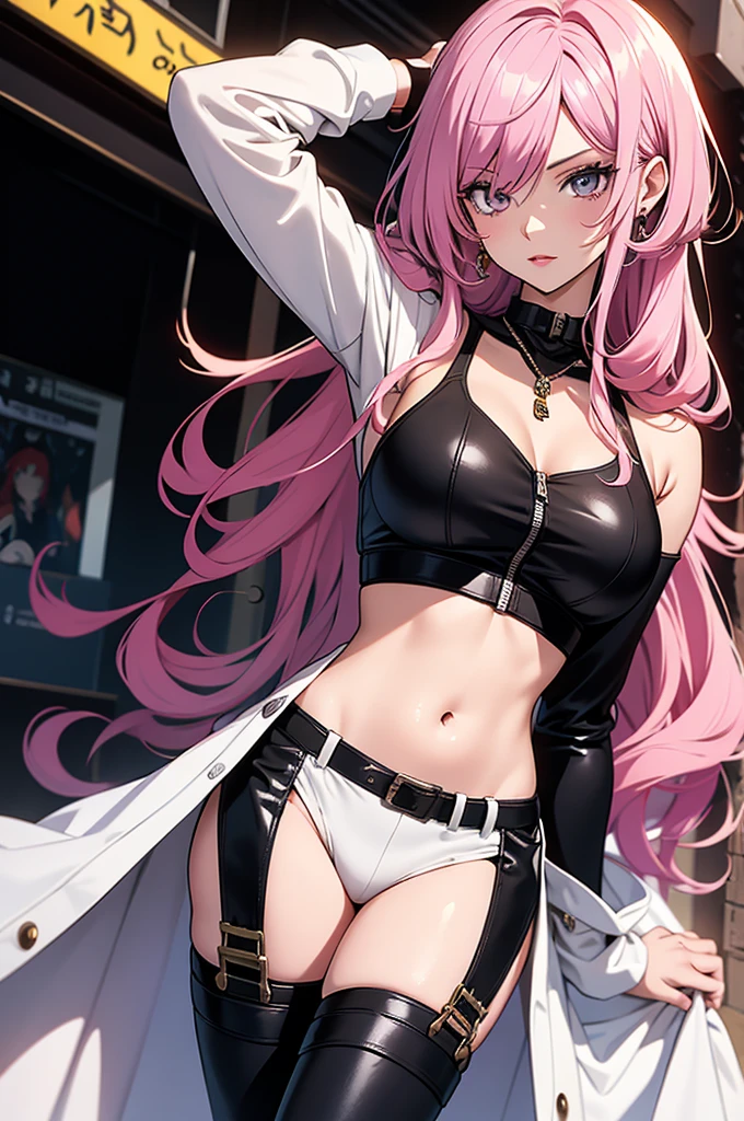 Young girl, long pink hair, yellow eyes, cat ears, glasses, lab coat, pants, open belly, serious look, masterpiece, high quality