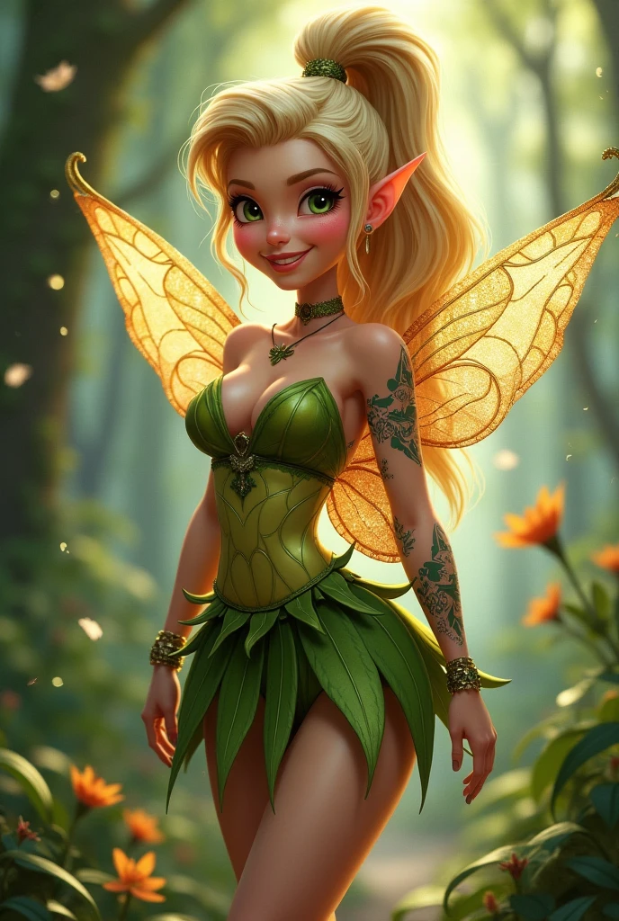 A (green skinned fairy, green skin: 1.6) dancing. She has long blonde hair with one side shaved, round cheeks, (orange eyes), youthful appearance, slim body and small, (green skin:1.5), butterfly wings on her back. Her skin is a light green. She wears a short dark green dress with bare shoulders. Smile, smiling, happy. Background is a magical forest, trees provide shade.
