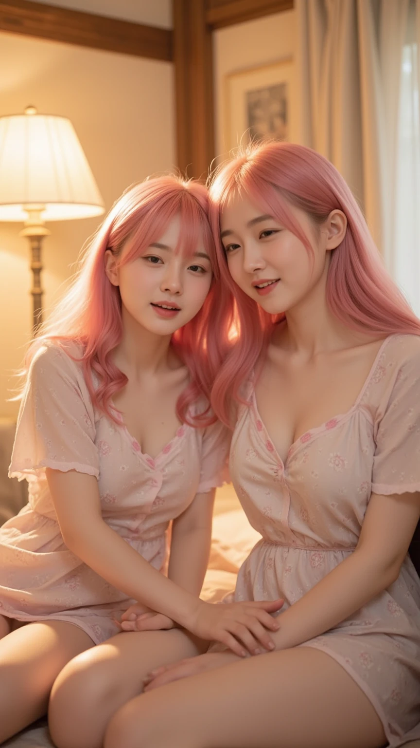 (Pink Hair :1.3),(highest quality、Tabletop、8k、Best image quality、Award-winning works)、(Group photo of three beautiful women:1.4)、(Harem of three women:1.1)、Perfect composition、(Huge breasts:1.2)、(very long, Protruding chest:1.2)、(very long and wide chest:1.2)、(柔らかい垂れたHuge breasts:1.2)、clavicle、(The perfect dress:1.2)、(Very atmospheric and warm lighting:1.1)、(The location is a huge bed in a luxury love hotel...:1.1)、(He looked at me with a happy expression.:1.1)、Sexy sculpture pose、Droopy eyes、Perfect Makeup、Ultra-high resolution beauty face、Ultra HD Hair、Ultra-high resolution sparkling eyes、Super high quality glossy lip、Accurate ???????、Very beautiful skin、Ultra-high resolution, Glowing Skin