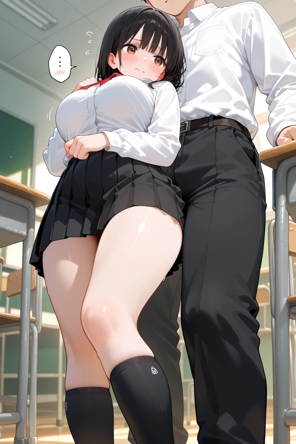 (NSFW:1.5), (table top:1.5), (highest quality:1.5), (16k wallpaper:1.2), (Photoreal:1.2), (super detailed:1.2), big breasts, dressed,1 girl, 1 person, (Girl gets on all fours and gets fucked by a guy:1.5), (in a hotel bed:1.2), (screaming:1.2), you can wear a skirt , long stockings or pantyhose, black pantyhose, seen from the side, vaginal sex,