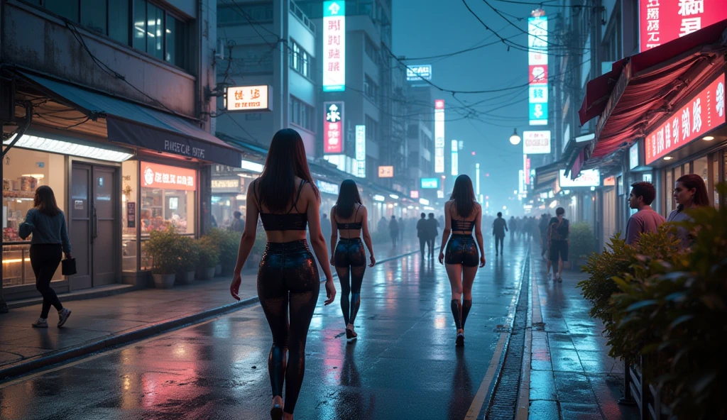 8k, Realistic Skin Texture, Realistic Photo, Neo Tokyo, slim Japanese women, large-breast:1.3 cleavage:1.2, AD2050 at night, Dirty hunting jacket, Wearing tube top, miniskirt, (((black sunglasses, automatic rifle, sneakers, cold, shooting pose, low angle view))), Innovative composition, revenge, cyberpunk, blade runner worldview, Large neon sign, Geisha hologram sign, Strong Wakamoto Sign.
