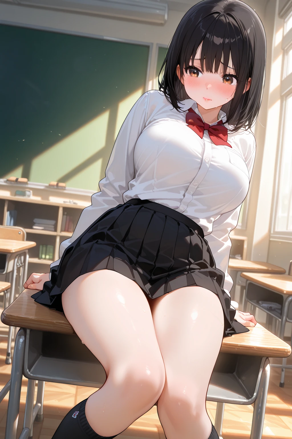 (masterpiece:1.2, highest quality), (Realistic, photoRealistic:1.4), Beautiful illustrations, (Natural Side Lighting, Cinema Lighting), Browsing Caution, 
View your viewers, Japanese, high school girl, Perfect Face, Cute and symmetrical face, Shiny skin, 
(short hair:1.5, Pixie Cut:1.4),Pin your bangs back, Red eyes, Long Eyelashes, (Large Breasts:0.6, Thick thighs), 
Beautiful Hair, Beautiful Face, Beautiful fine details, Beautiful clavicle, Beautiful body, Beautiful breasts, Beautiful thighs, Beautiful feet, Beautiful fingers, 
(Dark grey jacket), Smoke grey collared shirt, Dark grey pleated mini skirt, Black socks, Gray checked bow tie)), 
(Beautiful views),  wearing underwear, panties,  panties, loose socks, black hair, lifting clothes, herself lift, plaid skirt, kawaii, blush, a smile, (sweat), Physical education sitting, beauty legs, Schools