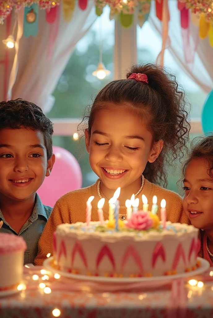 3 year old girl giving a small jump of joy seeing the surprise of the birthday party. Your parents are in front of you behind a table decorated with cake and birthday candy and balloons. --auto --s2