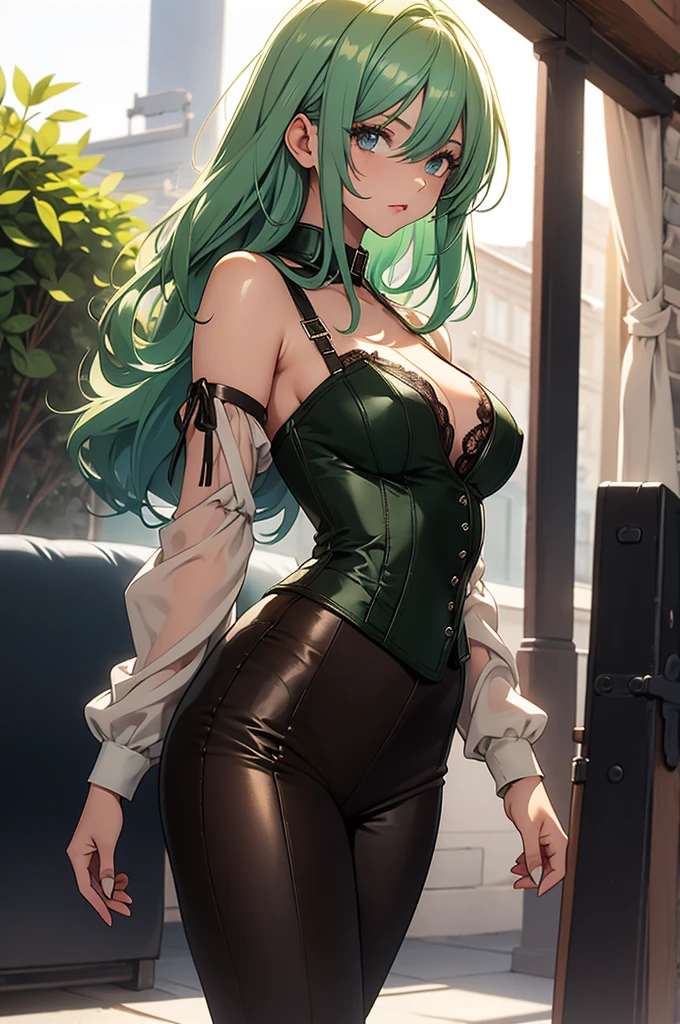 Create a 24-year-old anime girl in a 4 position with large breasts and wide hips, green eyes and a landscape of a luxurious room.