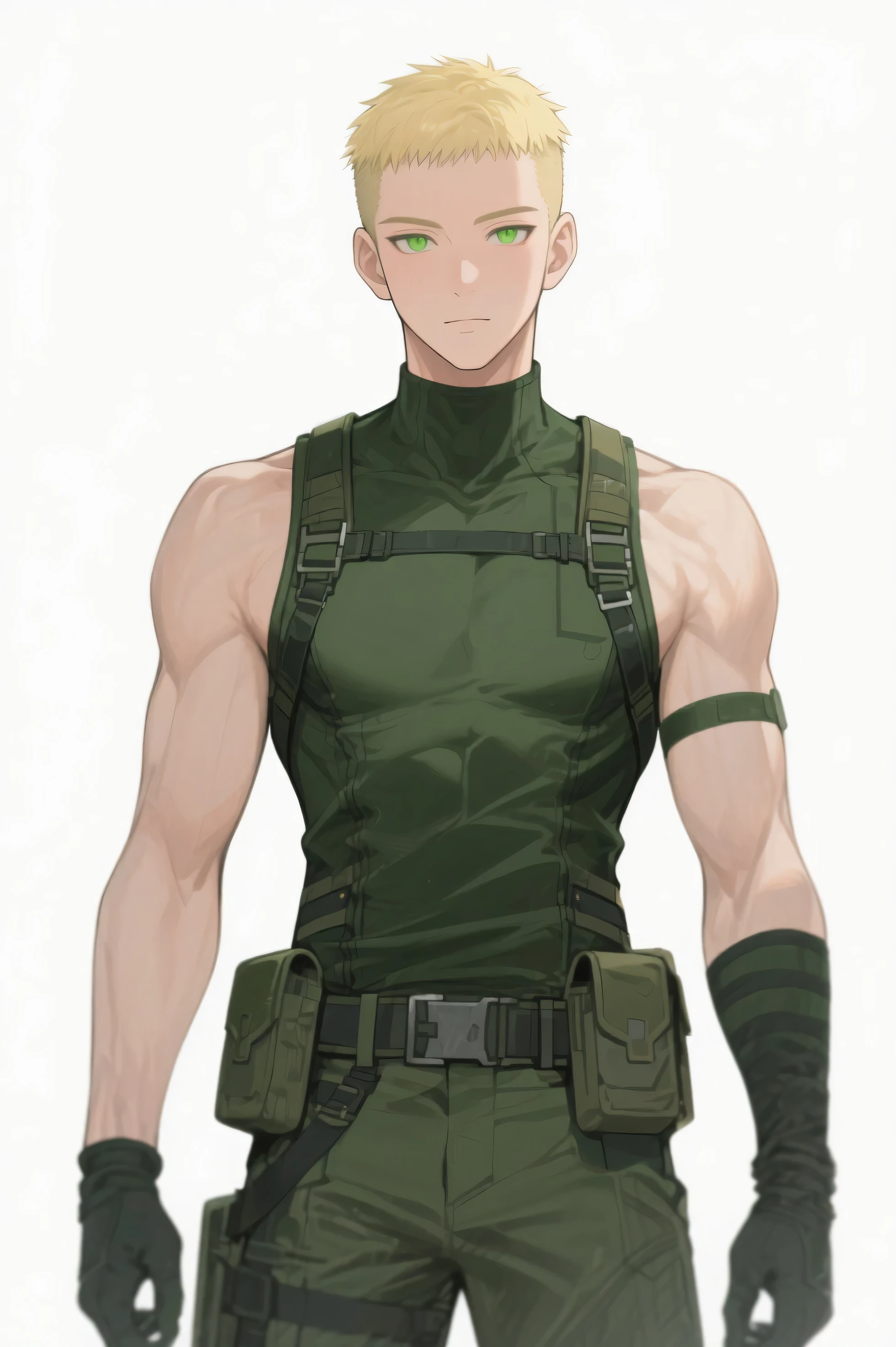 Highest accuracy，Muscular man in camouflage pants，Stand on the side，Lower body erection，Lower body details，Thick pubic hair，Handsome face，Short white hair，There are heavy machine guns in hand，The background is a broken city，The background is rich in detail，Wasteland wind