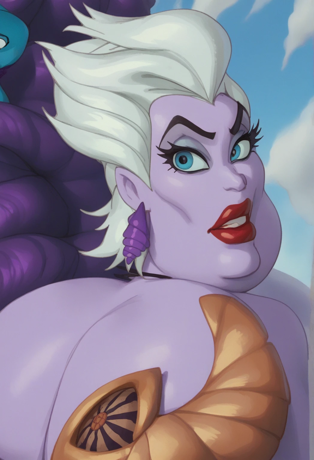 8K,high quality,anime,married woman,beautiful,clean,bright,highlights in eyes,sexy,super big tits,oversized boobs,erotic,nude,beautiful line drawing. Blue skin, well drawn ears, blue and orange gradient fins, blue skin, tongue hanging out, mouth open, drooling, mouth covered in drool,