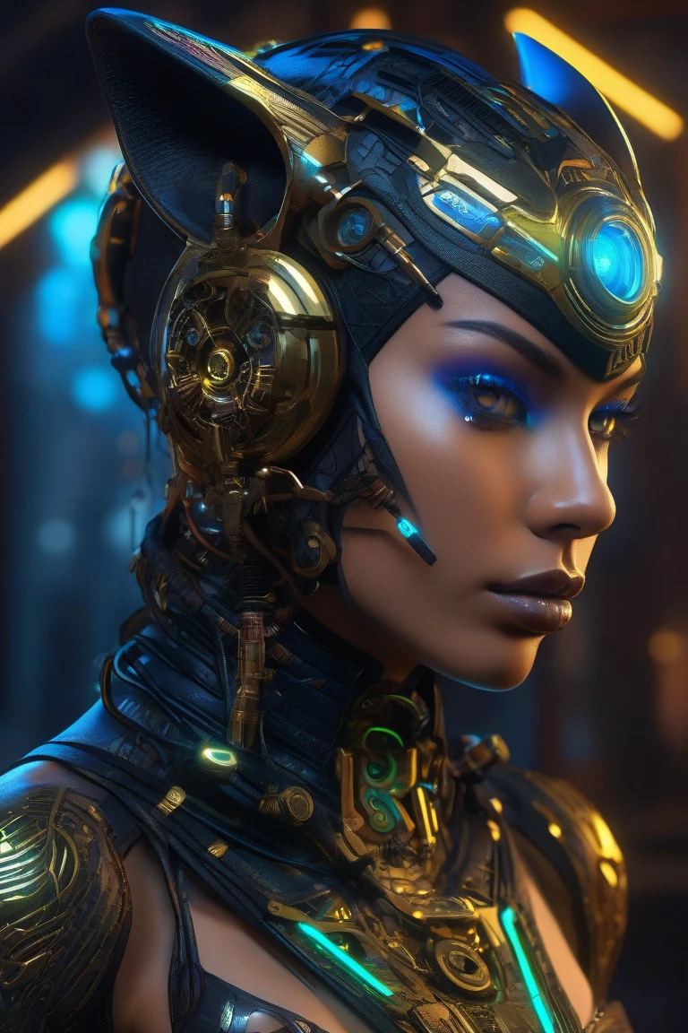 a wonderfull picture of hasmira, a misterious supicious queen with tanned skin and long blond hair, big breasts, from a misterious planet ,a futuristic image that shows the possibilities of ai, a cybernetic woman part of her head made of machinery and computer components, three quarters view, blue neon city background, bright environment ,extremelly detailed,epic dynamic scene, vignette, mdjrny-v4 style