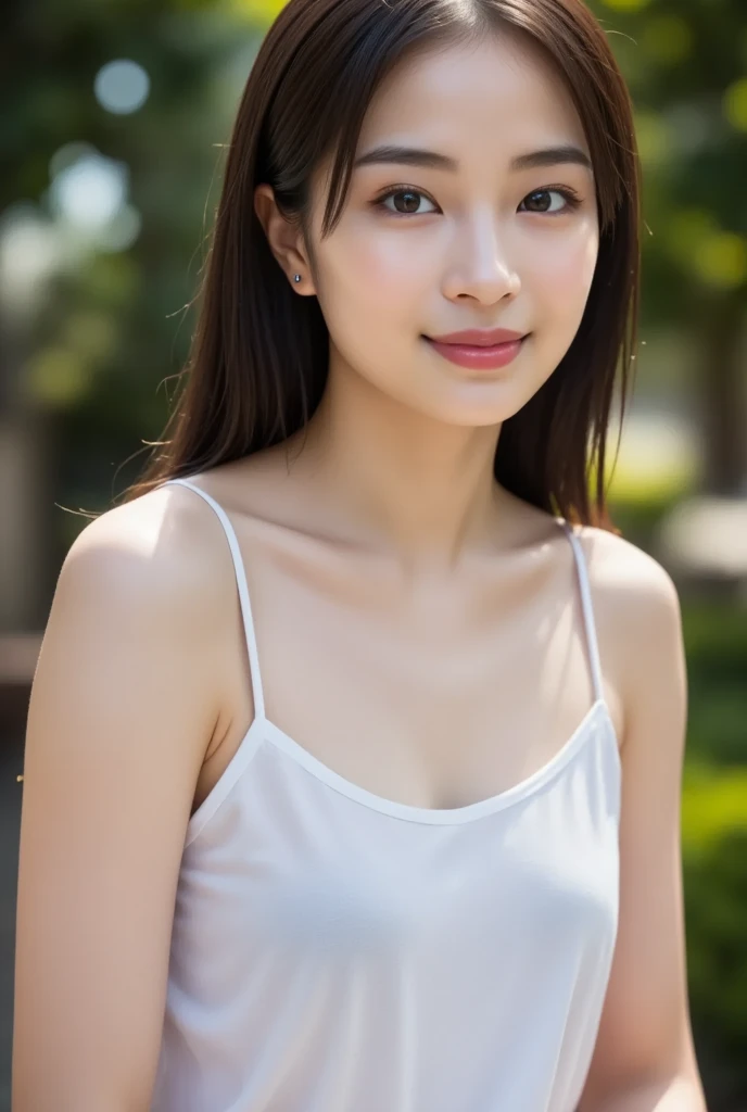 cute, アイドルのようにcute16歳少女、Smiling Kindly、(She is 150cm tall and .)、Medium sized breasts、White sheer tank top、Cleavage、Forest Park、Natural light、RAW Photos、Genuine、live-action、realism、masterpiece、RAW Photos、High resolution