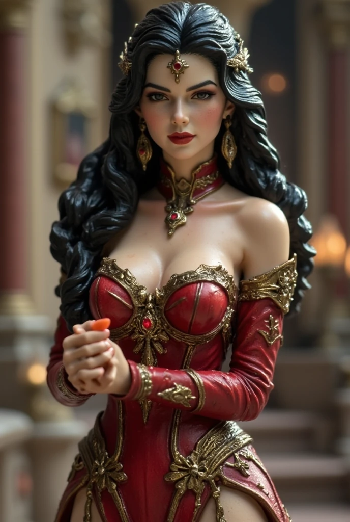 arafed a picture of elf vampire in her castle. an exquisite beautiful, busty, female elf vampire (ultra details, Masterpiece, best quality), full body, ((anatomically correct: 1.5) bloody mouth, (black and blue hair: 1.3), pale skin, hair in a ponytail, long hair, (silver: 1.3) eyes, (small pointed ears: 1.4), cold eyes, smirking, wearing dark  orange dress (ultra details, Masterpiece, best quality), red cloak, wearing high heels, in dark fantasy library, book shelves, vibrant, Ultra-high resolution, High Contrast, (masterpiece:1.5), highest quality, Best aesthetics), best details, best quality, highres, ultra wide angle, 16k, [ultra detailed], masterpiece, best quality, (extremely detailed) RAW, dark fantasy art, gothic art, goth, elf, Hyperrealism style, wearing Haute_Couture designer dress