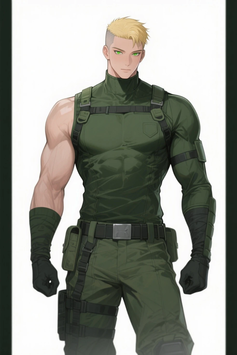 Content: A black man with short, spikey black hair and green eyes is dressed in a black military uniform. His face is marked with scars, giving him a rugged, battle-hardened look.

Medium: Digital art, character illustration.

Style: A blend of Pixiv and Shin Hanga, inspired by the character Snake from Metal Gear, incorporating detailed, realistic anime style with fine line work and rich textures.

Lighting: Dramatic lighting with strong contrasts to highlight his muscular frame, facial scars, and the details of his uniform. Shadows add depth and intensity to his appearance.

Colours: A predominantly black palette for the uniform, with subtle highlights and shadows to emphasize the texture and material. The green of his eyes stands out against the darker tones, adding a striking focal point.

Composition: A full-body shot with a 50mm lens, capturing the man’s imposing figure and confident stance. The background is minimalist, ensuring the focus remains on his detailed design and powerful presence.